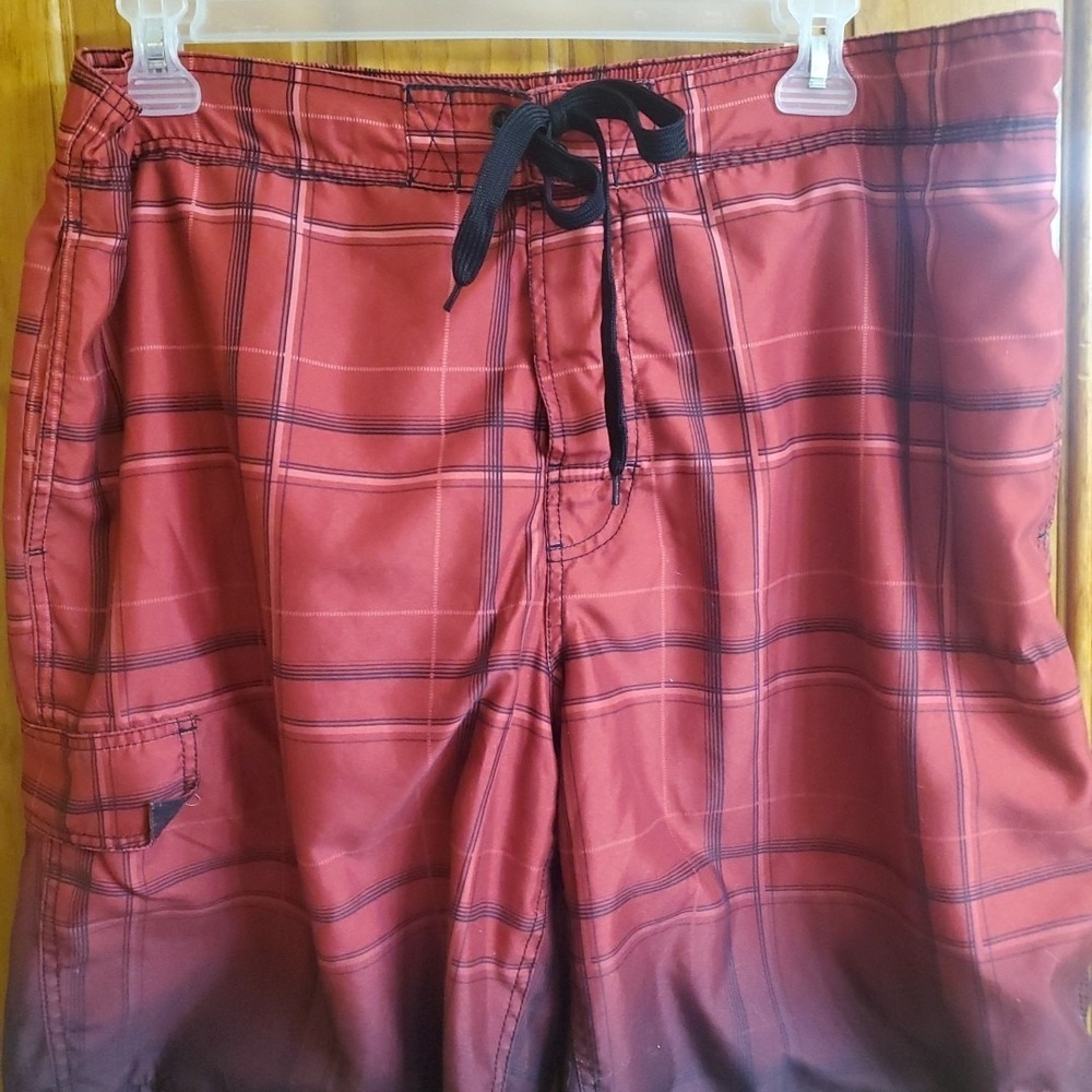 OP XL Board Shorts Mens Red Plaid Ombre Cargo Pocket Swim Trunks Beachwear